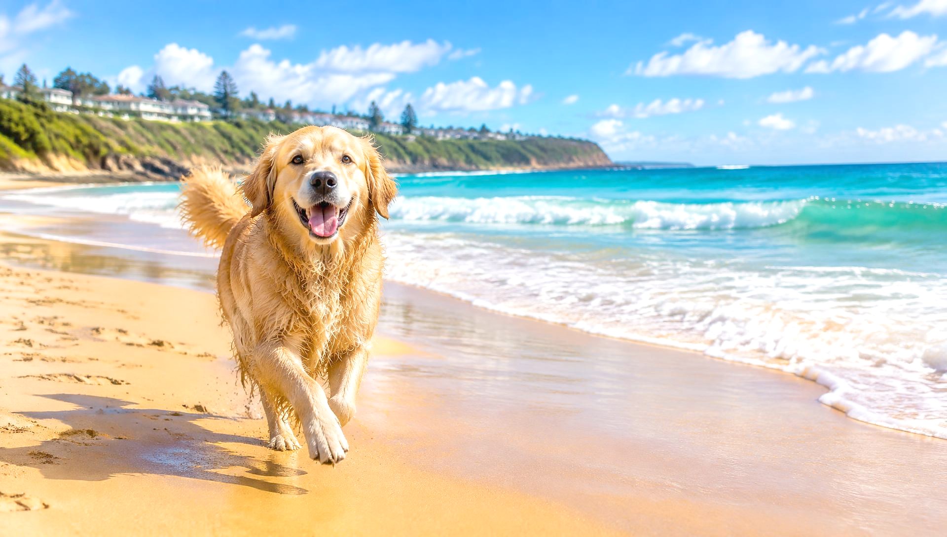 Happy golden retriever running on a Northern Beaches beach